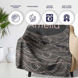 Dark Ocean Waves Line Art Seamless Pattern Name Cute Unique Gift  Personalised Custom Name Super Soft Fleece Blanket Bed Sofa Throw