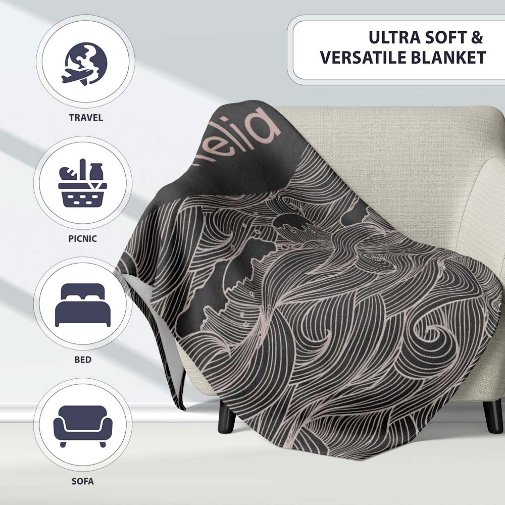 Dark Ocean Waves Line Art Seamless Pattern Name Cute Unique Gift  Personalised Custom Name Super Soft Fleece Blanket Bed Sofa Throw