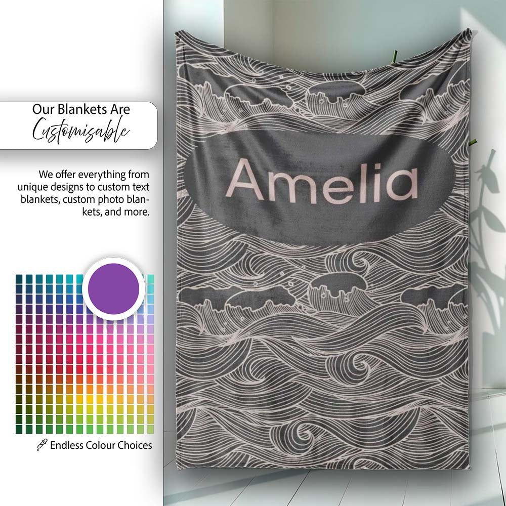 Dark Ocean Waves Line Art Seamless Pattern Name Cute Unique Gift  Personalised Custom Name Super Soft Fleece Blanket Bed Sofa Throw