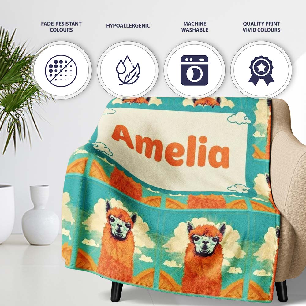 Cute Alpaca Portrait With Blue Sky And Clouds Seamless Pattern  Personalised Custom Name Super Soft Fleece Blanket Bed Sofa Throw