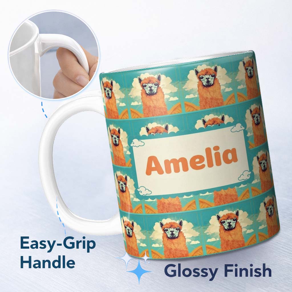Personalized Custom Name Cute Alpaca Portrait With Blue Sky And Clouds Seamless Pattern 11oz Ceramic Coffee Tea Mug White Large Handle
