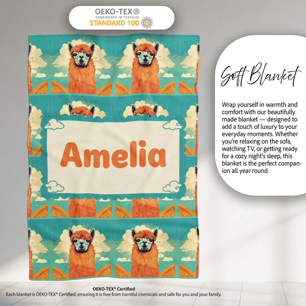 Cute Alpaca Portrait With Blue Sky And Clouds Seamless Pattern  Personalised Custom Name Super Soft Fleece Blanket Bed Sofa Throw