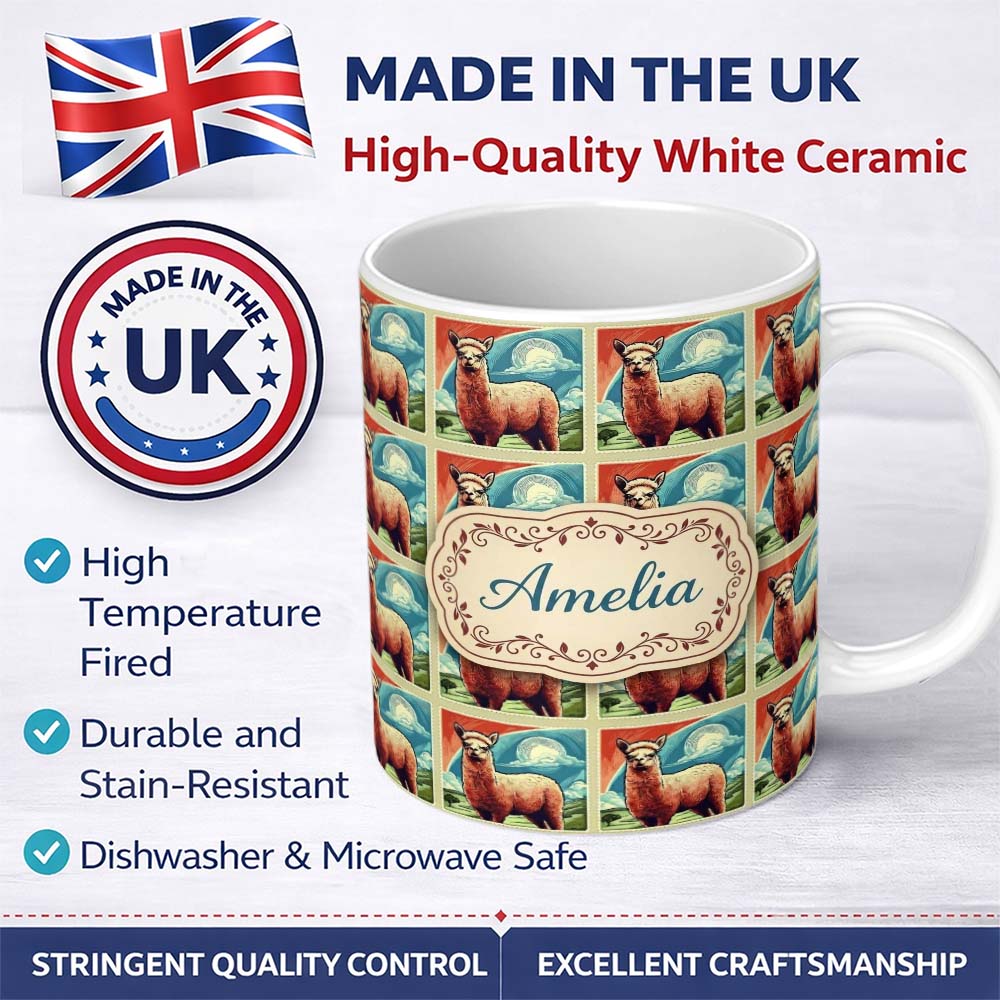 Personalized Custom Name Vintage Alpaca Landscape Illustration Seamless Pattern Name Cute 11oz Ceramic Coffee Tea Mug White Large Handle