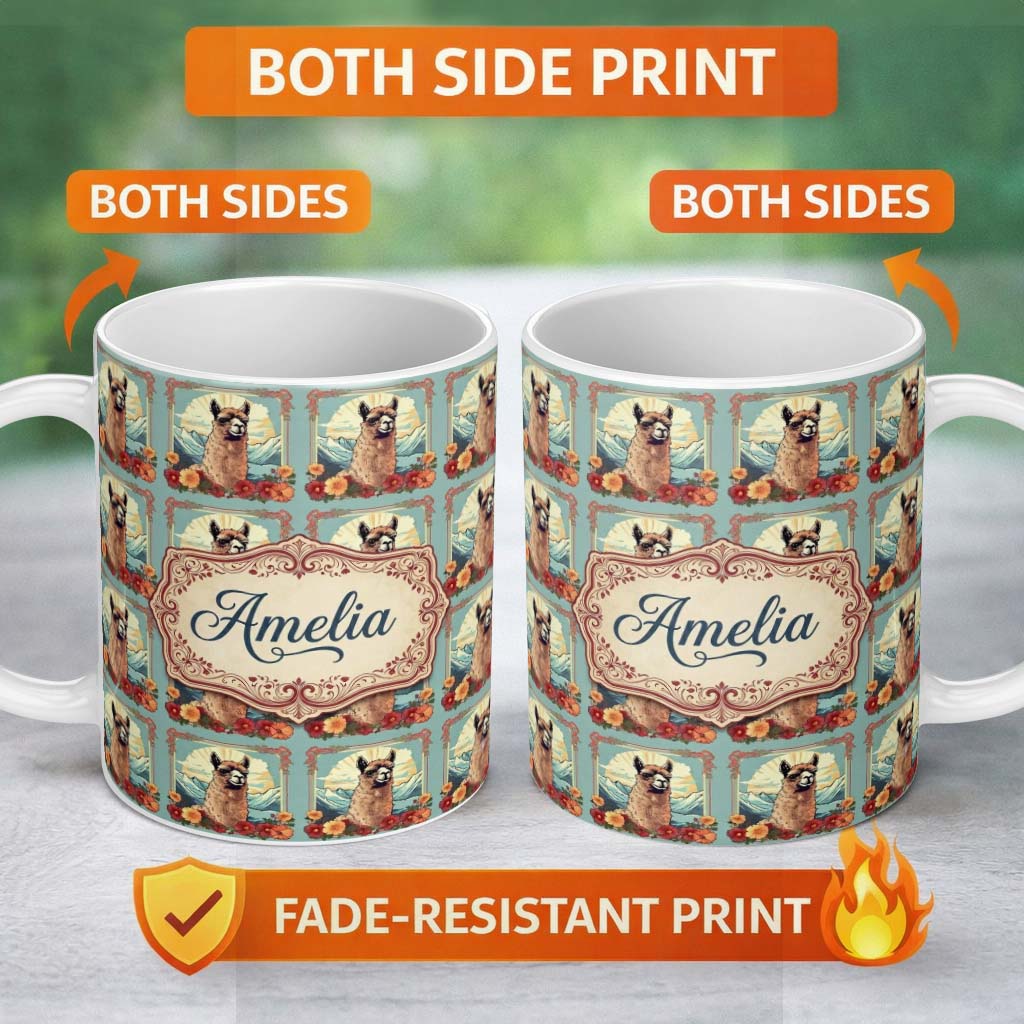 Personalized Custom Name Floral Frame Alpaca With Mountain Background Seamless Pattern Name 11oz Ceramic Coffee Tea Mug White Large Handle