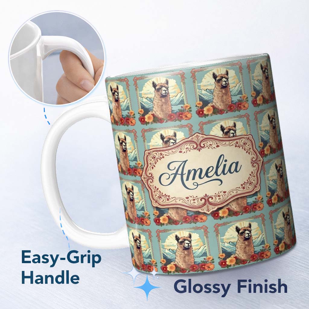 Personalized Custom Name Floral Frame Alpaca With Mountain Background Seamless Pattern Name 11oz Ceramic Coffee Tea Mug White Large Handle