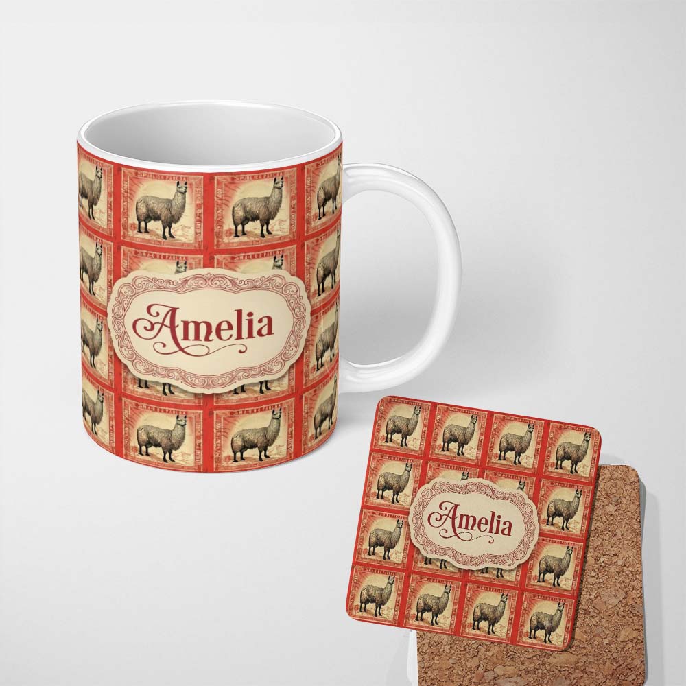 Personalized Custom Name Vintage Stamp Style Alpaca Illustration Seamless Pattern Name Cute 11oz Ceramic Coffee Tea Mug White Large Handle