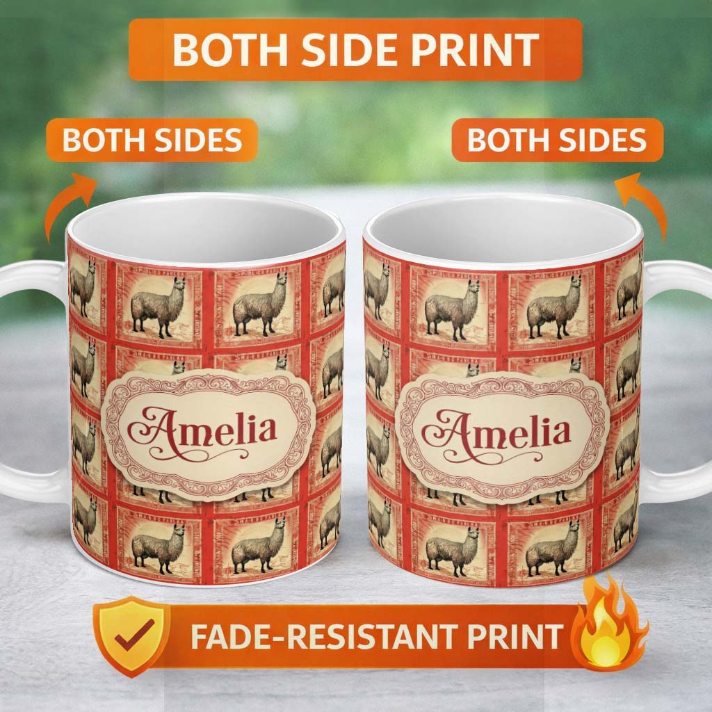Personalized Custom Name Vintage Stamp Style Alpaca Illustration Seamless Pattern Name Cute 11oz Ceramic Coffee Tea Mug White Large Handle