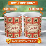 Personalized Custom Name Vintage Stamp Style Alpaca Illustration Seamless Pattern Name Cute 11oz Ceramic Coffee Tea Mug White Large Handle