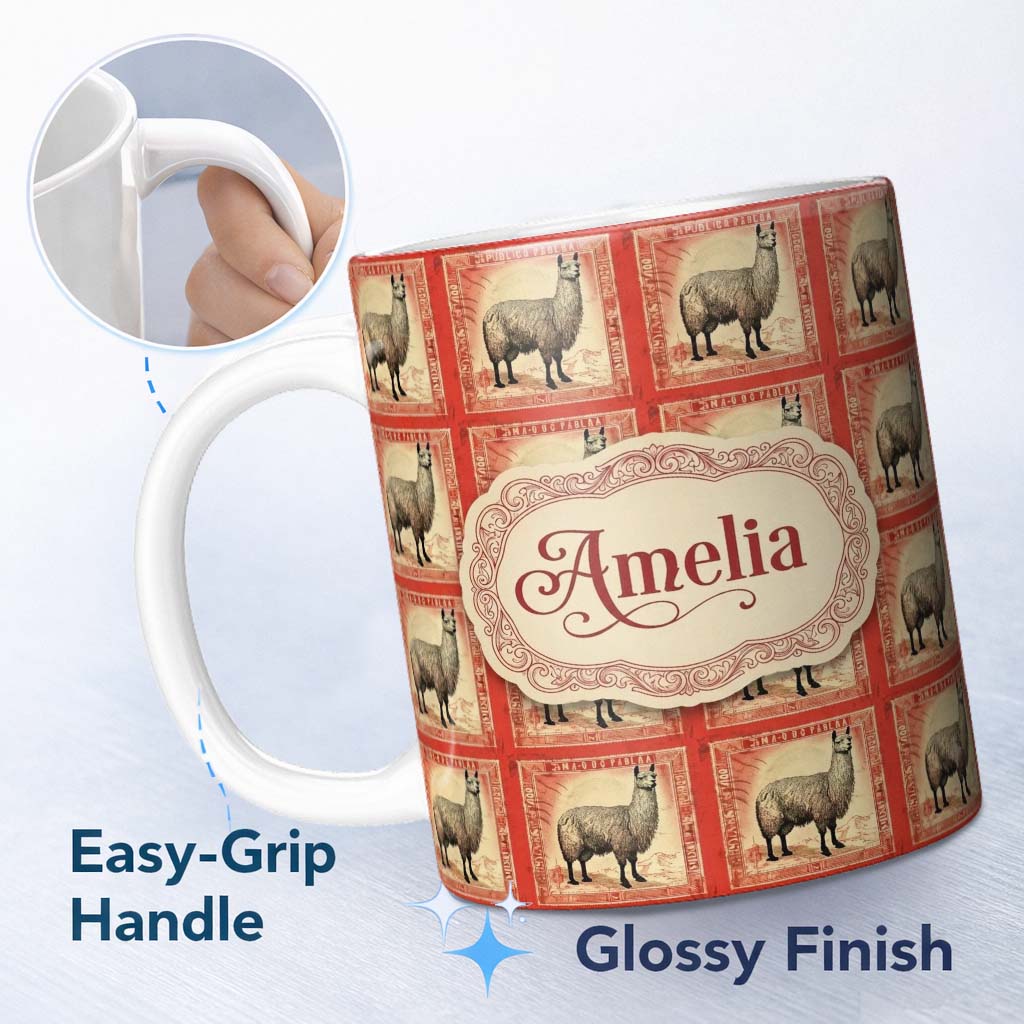 Personalized Custom Name Vintage Stamp Style Alpaca Illustration Seamless Pattern Name Cute 11oz Ceramic Coffee Tea Mug White Large Handle