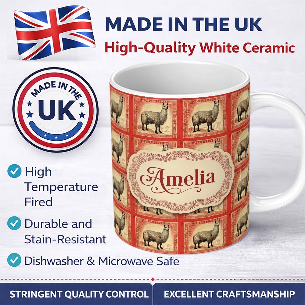 Personalized Custom Name Vintage Stamp Style Alpaca Illustration Seamless Pattern Name Cute 11oz Ceramic Coffee Tea Mug White Large Handle