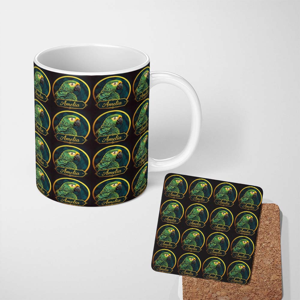 Personalized Custom Name Exotic Green Parrot Circular Frame Seamless Pattern Name Cute 11oz Ceramic Coffee Tea Mug White Large Handle