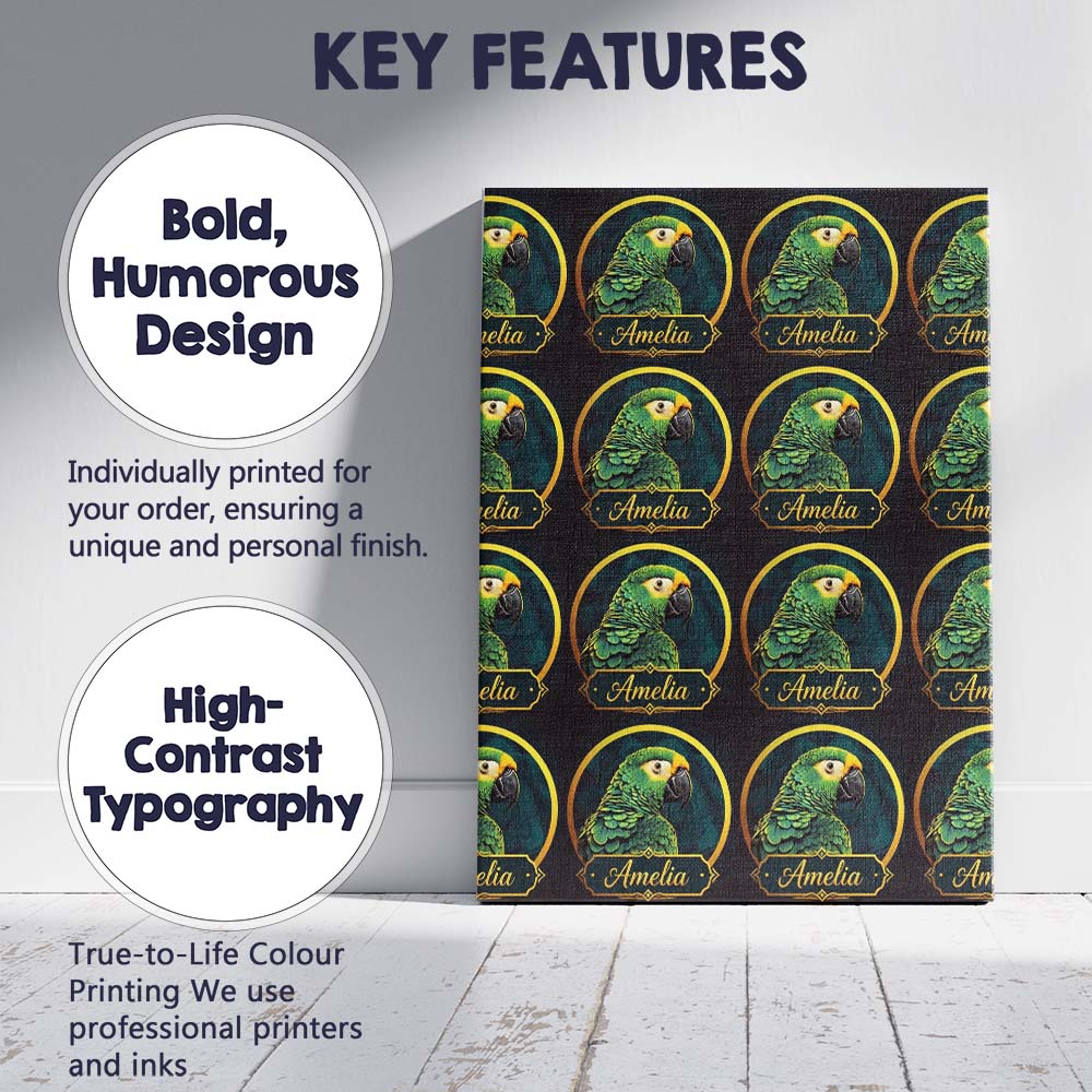 Personalised Name Exotic Green Parrot Custom Modern Room Accent Creative Decorator Style Canvas Wall Art Print Decor Picture Ready to Hang