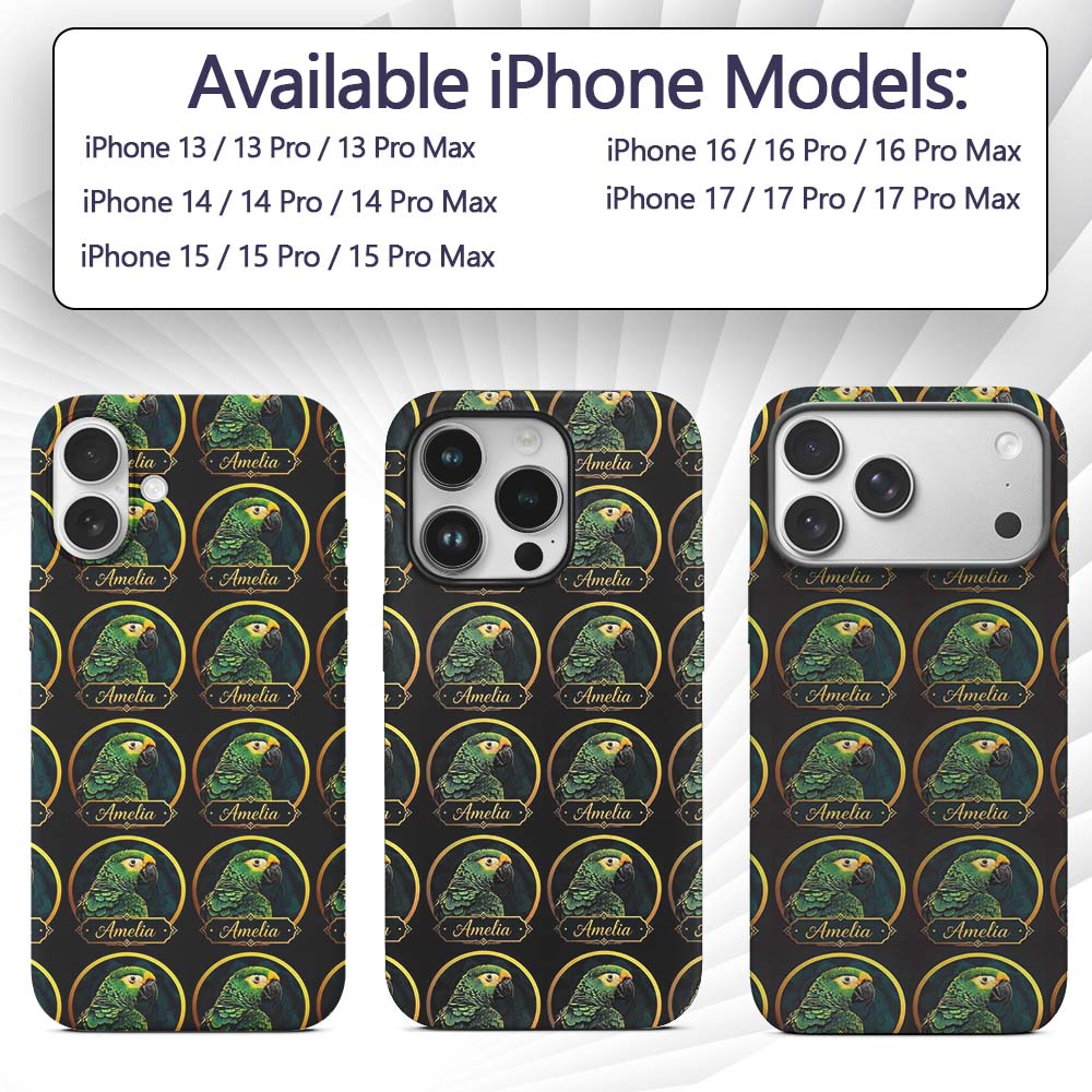 Exotic Green Parrot Circular Frame Printed Design Custom Name Protective Phone Case Mobile Cover Durable Everyday Smartphone Shock Resistant
