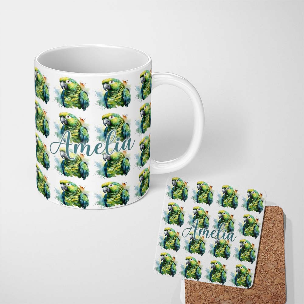 Personalized Custom Name Watercolor Green Parrot Splash Art Seamless Pattern Name Cute 11oz Ceramic Coffee Tea Mug White Large Handle