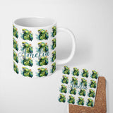 Personalized Custom Name Watercolor Green Parrot Splash Art Seamless Pattern Name Cute 11oz Ceramic Coffee Tea Mug White Large Handle