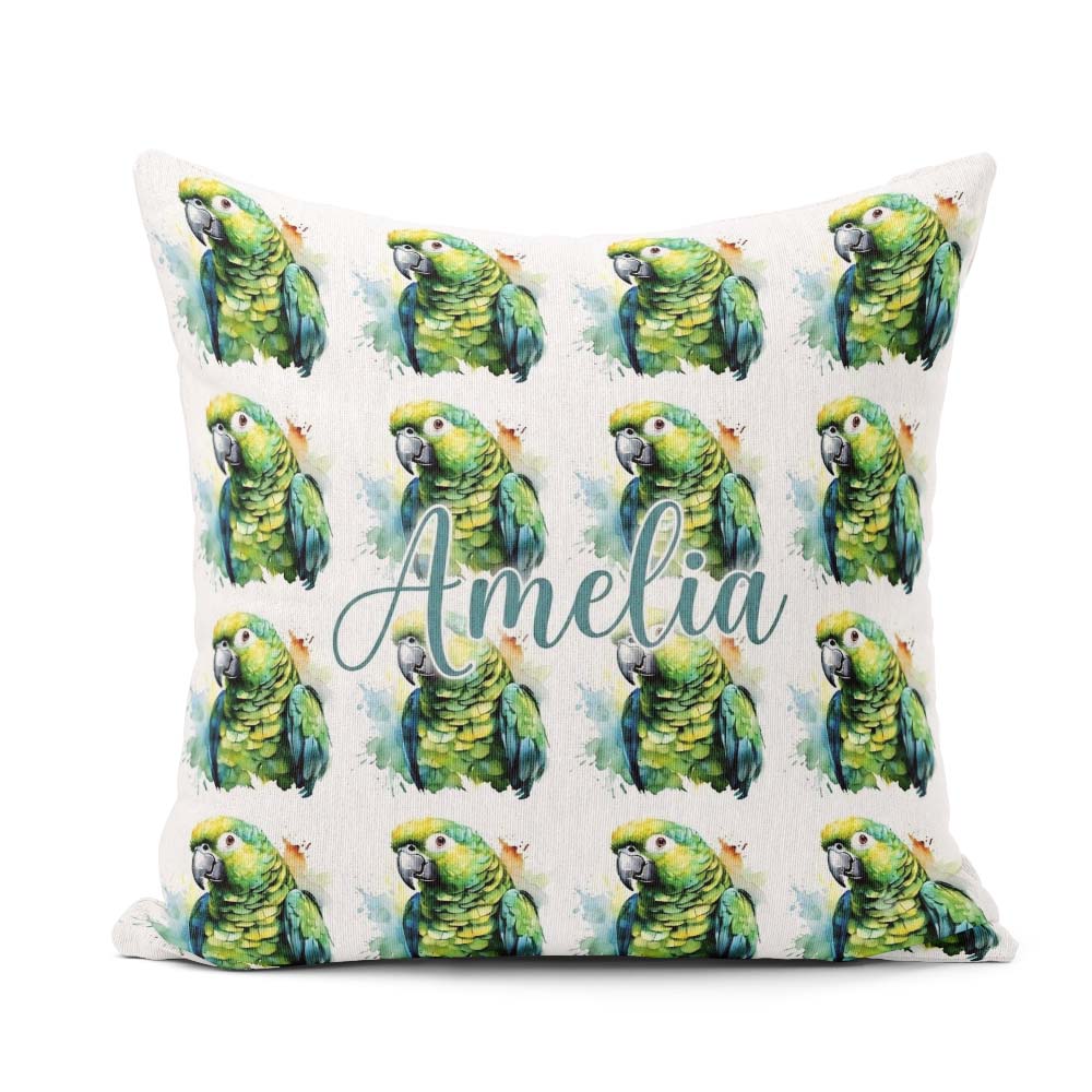 Custom Name Watercolor Green Parrot Splash Art Pattern Name Cute Square Filled Cushion Throw Pillow Sofa Bed Home Decor Zip Washable UK Made