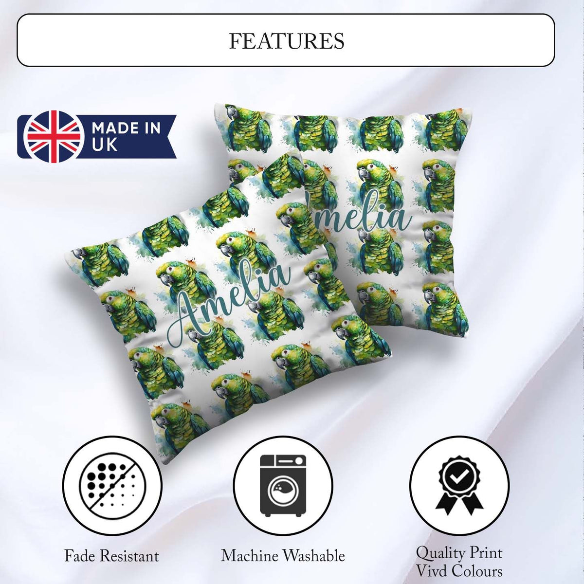 Custom Name Watercolor Green Parrot Splash Art Pattern Name Cute Square Filled Cushion Throw Pillow Sofa Bed Home Decor Zip Washable UK Made