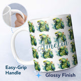 Personalized Custom Name Watercolor Green Parrot Splash Art Seamless Pattern Name Cute 11oz Ceramic Coffee Tea Mug White Large Handle
