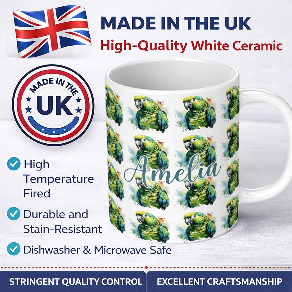 Personalized Custom Name Watercolor Green Parrot Splash Art Seamless Pattern Name Cute 11oz Ceramic Coffee Tea Mug White Large Handle