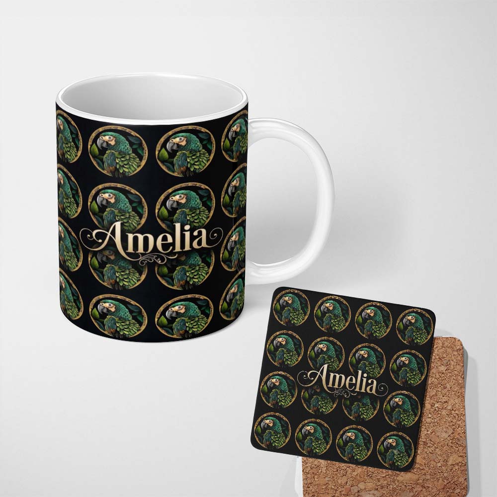 Personalized Custom Name Elegant Parrot Medallion Dark Background Seamless Pattern Custom 11oz Ceramic Coffee Tea Mug White Large Handle