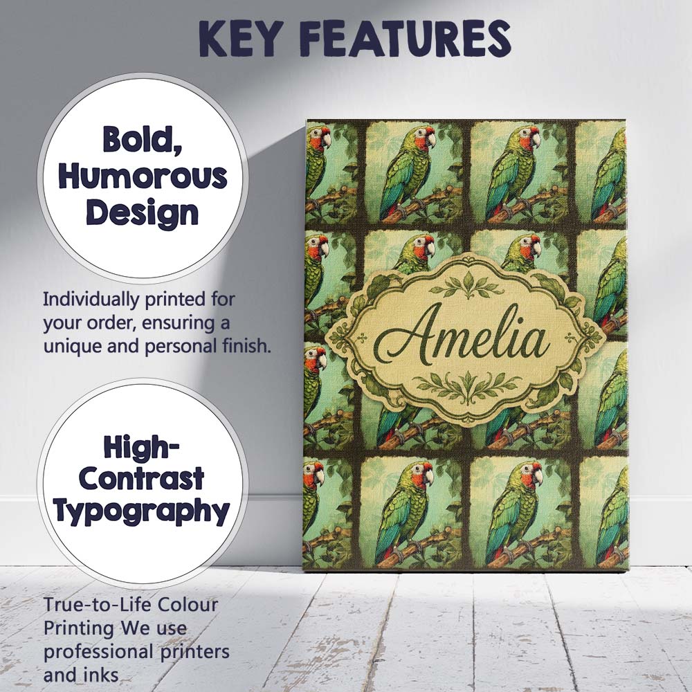 Personalised Name Tropical Parrot On Branch Custom  Bespoke Interior Contemporary Canvas Wall Art Print Decor Picture Ready to Hang