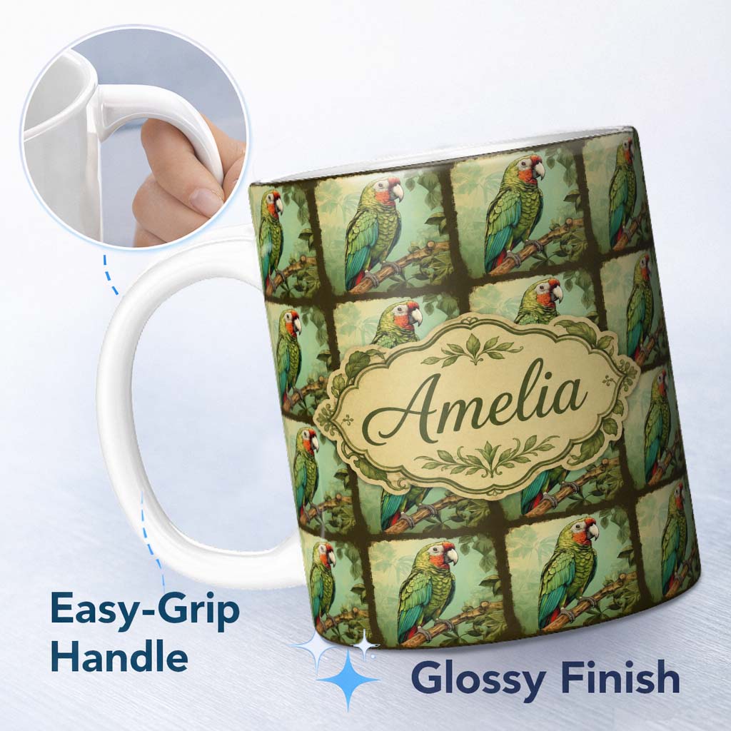 Personalized Custom Name Tropical Parrot On Branch Jungle Scene Seamless Pattern Name Cute 11oz Ceramic Coffee Tea Mug White Large Handle