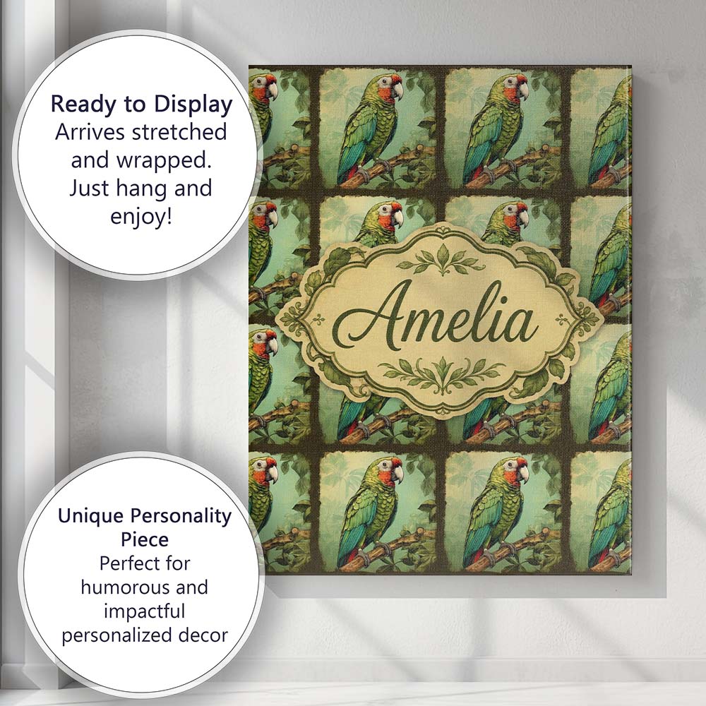 Personalised Name Tropical Parrot On Branch Custom  Bespoke Interior Contemporary Canvas Wall Art Print Decor Picture Ready to Hang