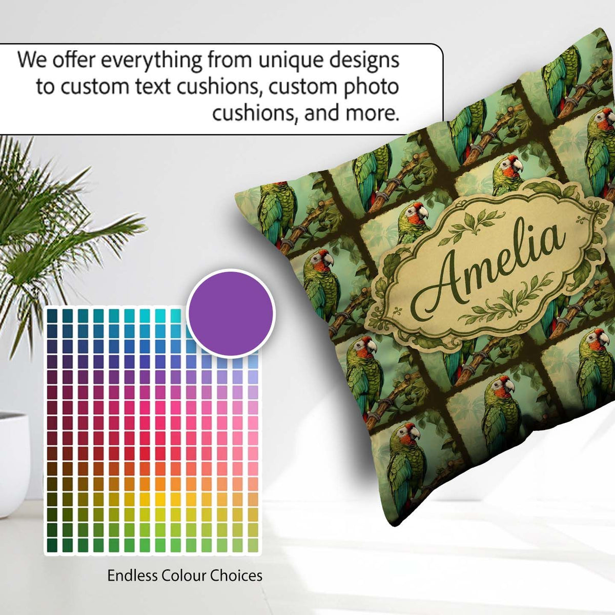 Custom Name Tropical Parrot On Branch Jungle Scene Seamless Name Square Filled Cushion Throw Pillow Sofa Bed Home Decor Zip Washable UK Made