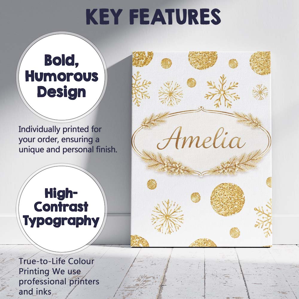 Personalised Name Gold Snowflakes and Glitter Dots Seamless Pattern Custom Canvas Wall Art Print Decor Picture Ready to Hang