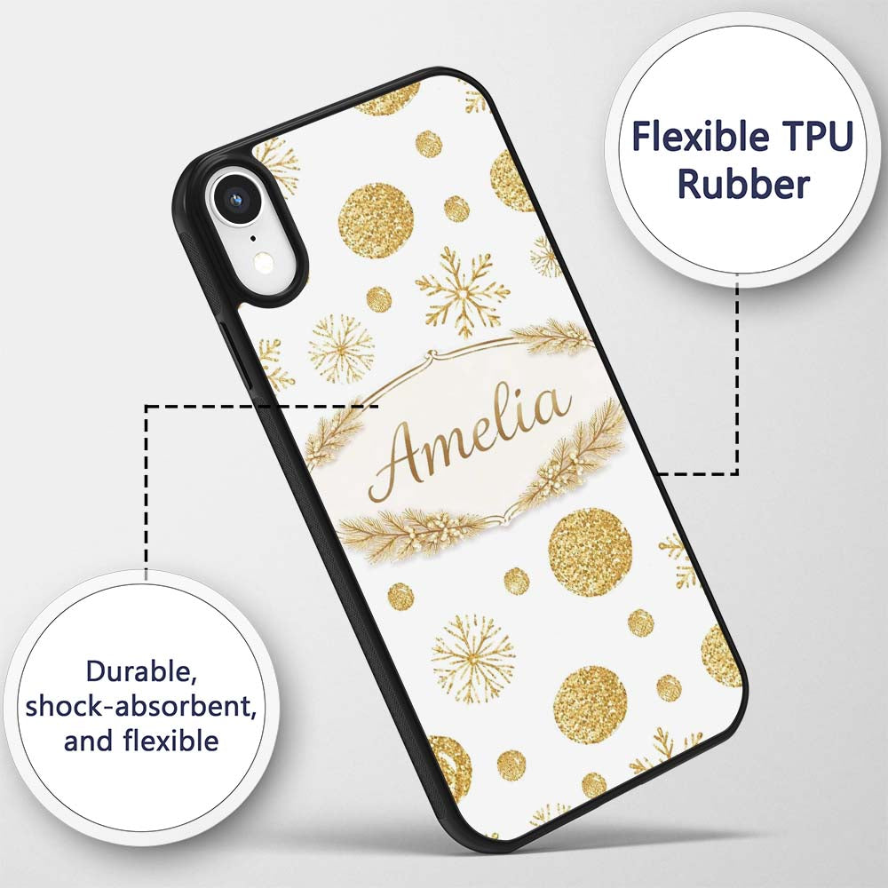 Gold Snowflakes and Glitter Dots Seamless Pattern Custom Name Protective Phone Case Mobile Cover Durable Everyday Smartphone Shock Resistant