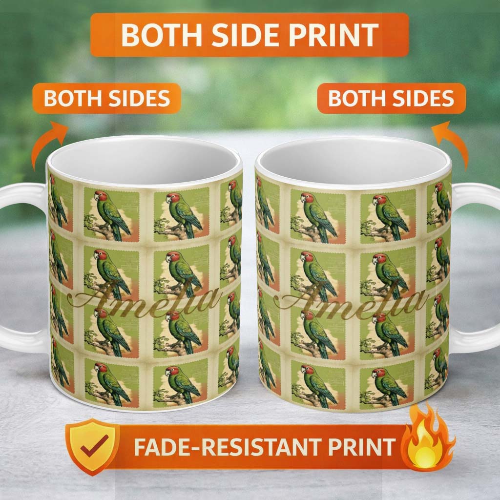 Personalized Custom Name Vintage Parrot Postage Stamp Style Illustration Seamless Pattern 11oz Ceramic Coffee Tea Mug White Large Handle