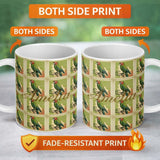 Personalized Custom Name Vintage Parrot Postage Stamp Style Illustration Seamless Pattern 11oz Ceramic Coffee Tea Mug White Large Handle