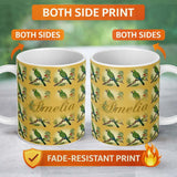 Personalized Custom Name Tropical Green Parrot Branch Botanical Frame Seamless Pattern Name 11oz Ceramic Coffee Tea Mug White Large Handle