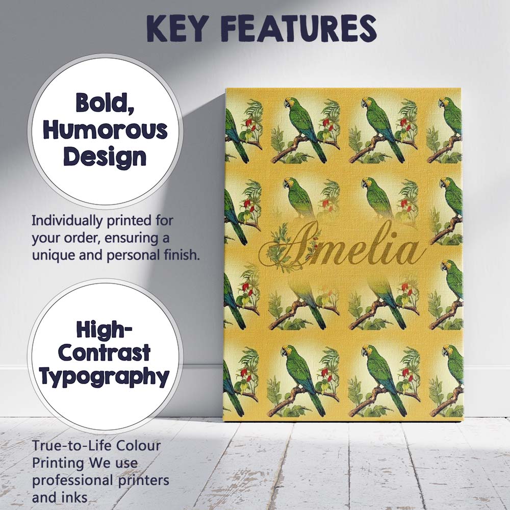 Personalised Name Tropical Green Parrot Custom  Modern Room Accent Elegant Feature Canvas Wall Art Print Decor Picture Ready to Hang