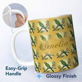 Personalized Custom Name Tropical Green Parrot Branch Botanical Frame Seamless Pattern Name 11oz Ceramic Coffee Tea Mug White Large Handle