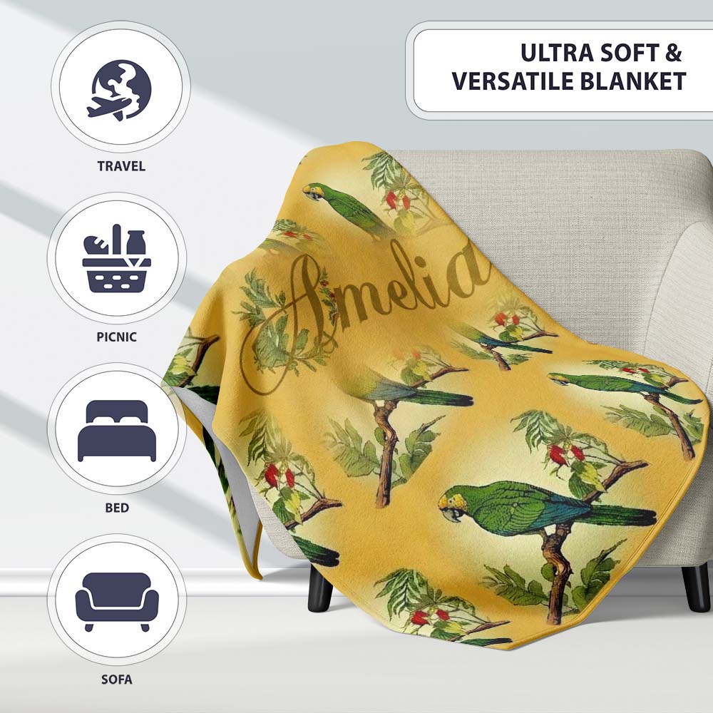 Tropical Green Parrot Branch Botanical Frame Seamless Pattern Name  Personalised Custom Name Super Soft Fleece Blanket Bed Sofa Throw