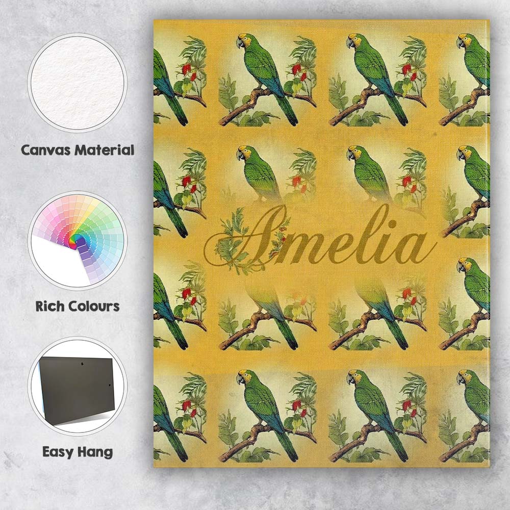 Personalised Name Tropical Green Parrot Custom  Modern Room Accent Elegant Feature Canvas Wall Art Print Decor Picture Ready to Hang