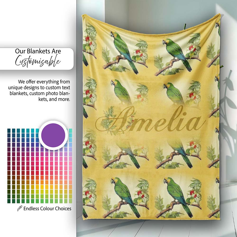 Tropical Green Parrot Branch Botanical Frame Seamless Pattern Name  Personalised Custom Name Super Soft Fleece Blanket Bed Sofa Throw