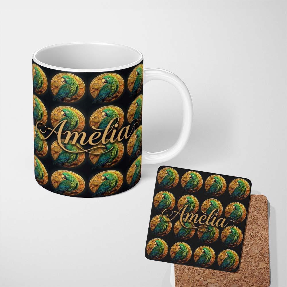 Personalized Custom Name Luxury Parrot Gold Medallion Dark Background Seamless Pattern Name 11oz Ceramic Coffee Tea Mug White Large Handle