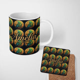 Personalized Custom Name Luxury Parrot Gold Medallion Dark Background Seamless Pattern Name 11oz Ceramic Coffee Tea Mug White Large Handle