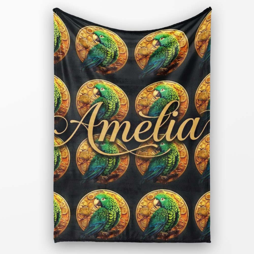 Luxury Parrot Gold Medallion Dark Background Seamless Pattern Name  Personalised Custom Name Super Soft Fleece Blanket Bed Sofa Throw