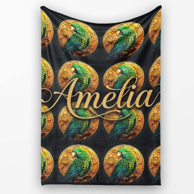Luxury Parrot Gold Medallion Dark Background Seamless Pattern Name  Personalised Custom Name Super Soft Fleece Blanket Bed Sofa Throw