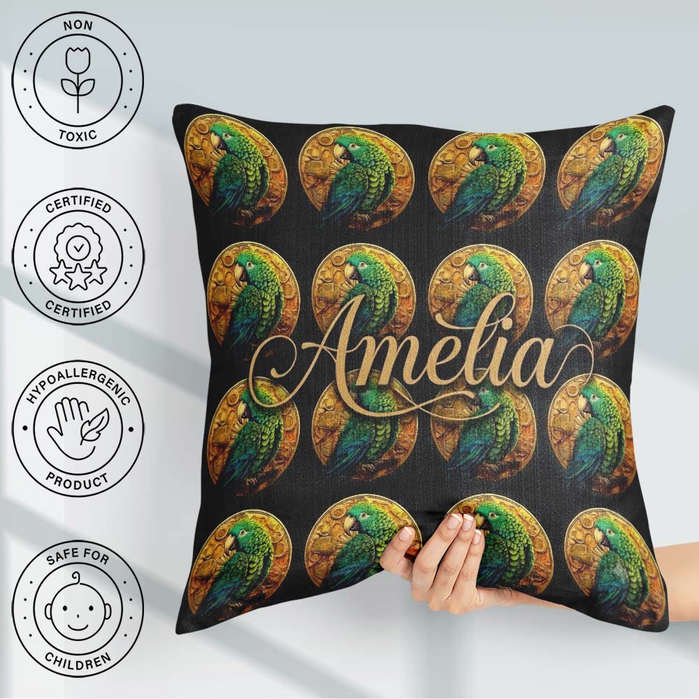 Custom Name Luxury Parrot Gold Medallion Dark Background Pattern Square Filled Cushion Throw Pillow Sofa Bed Home Decor Zip Washable UK Made