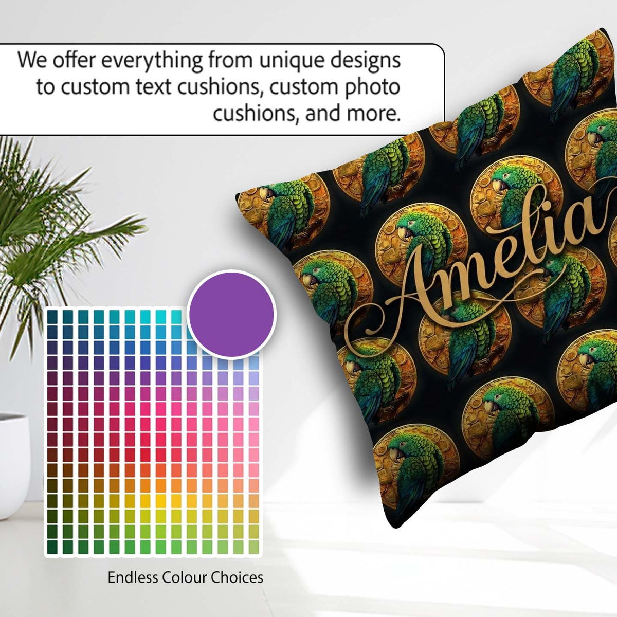 Custom Name Luxury Parrot Gold Medallion Dark Background Pattern Square Filled Cushion Throw Pillow Sofa Bed Home Decor Zip Washable UK Made