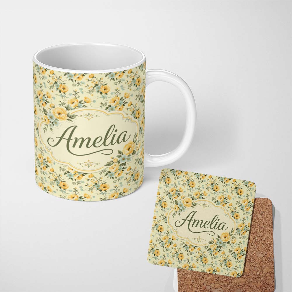 Personalized Custom Name Vintage Yellow Blue Floral Bouquet Seamless Pattern Name Cute 11oz Ceramic Coffee Tea Mug White Large Handle