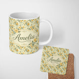 Personalized Custom Name Vintage Yellow Blue Floral Bouquet Seamless Pattern Name Cute 11oz Ceramic Coffee Tea Mug White Large Handle
