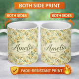 Personalized Custom Name Vintage Yellow Blue Floral Bouquet Seamless Pattern Name Cute 11oz Ceramic Coffee Tea Mug White Large Handle