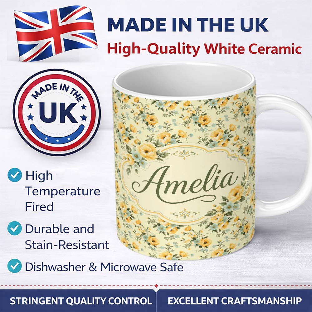 Personalized Custom Name Vintage Yellow Blue Floral Bouquet Seamless Pattern Name Cute 11oz Ceramic Coffee Tea Mug White Large Handle