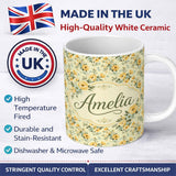 Personalized Custom Name Vintage Yellow Blue Floral Bouquet Seamless Pattern Name Cute 11oz Ceramic Coffee Tea Mug White Large Handle