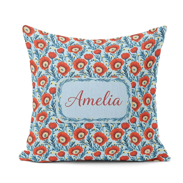 Custom Name Red Poppy Flowers Botanical Garden Pattern Name Cute Square Filled Cushion Throw Pillow Sofa Bed Home Decor Zip Washable UK Made
